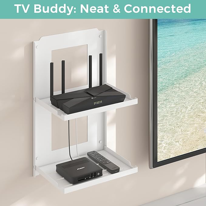 2-Tier Router Shelf Wall Mount Foldable - 10 inch Metal Outlet Shelf w/Cable Holes | Dual-Layer Organize & Connect for Router and Modem & Smart Home Decor | Folds Up & Stackable (Medium)