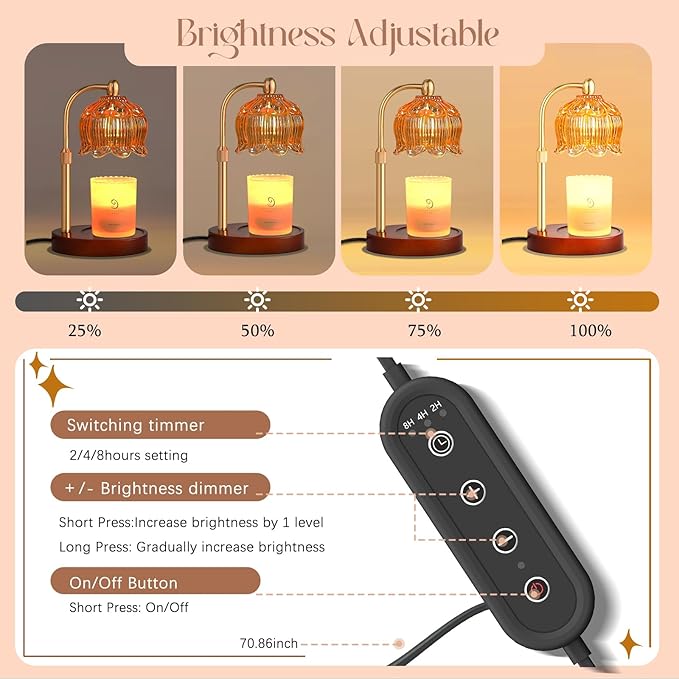 Adjustable Flower Candle Warmer Lamp with Timer, Lotus Tulip Glass Warmer Light for Jar Candles, Electric Wax Warming Melter, Gifts for Women Mom, Vintage Bedroom Decor (Amber)