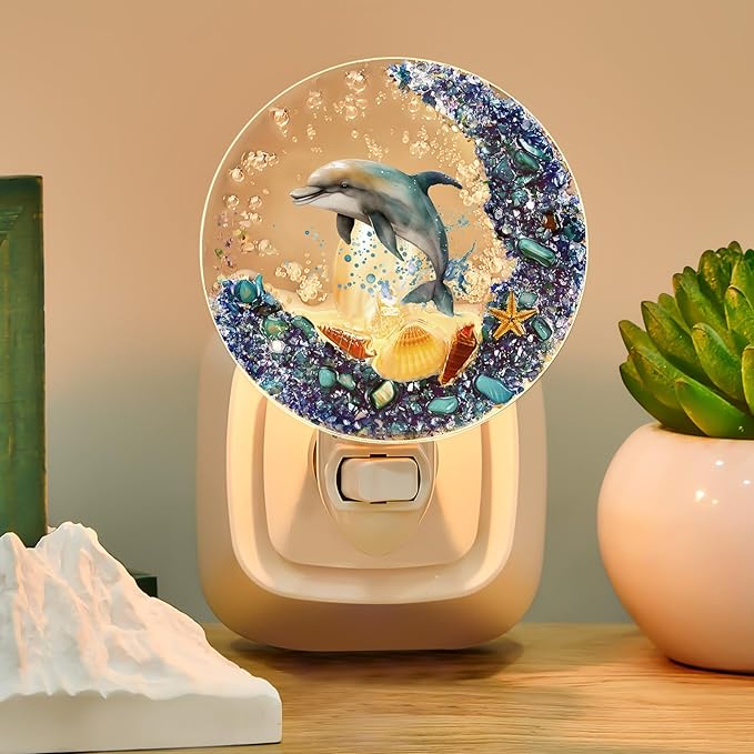 Hortsun Plug in Seashell Night Light Ocean Sea Animal Decorative Night Light Plug in Beach Lamps Vintage Ocean Lamps for Adult for Home Bedroom Living Room Bathroom Wall(Dolphin)