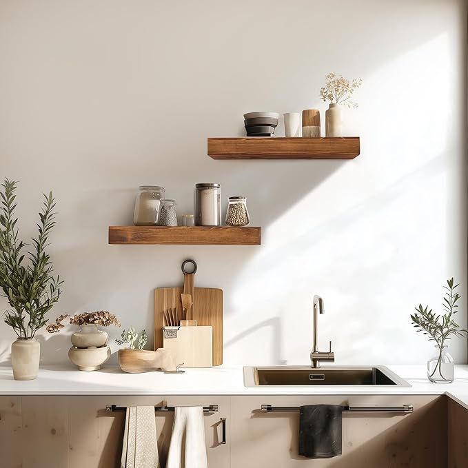 17x6.8x2 Inch Rustic Floating Shelves for Wall Set of 2 - Brown Solid Wood Wall Mounted Shelves with Invisible Bracket, Compact Design for Farmhouse Living Room Bedroom Kitchen Decor