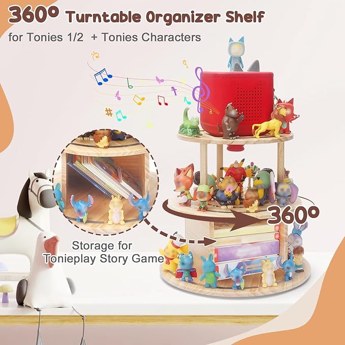 360° Rotating Storage Shelf for Toniebox1/2, 3-Tier Organizer Holder for 30~40 Tonies Figures, Wooden Magnetic Stand Display for Tonie Box + Characters + Tonieplay Game + Controller