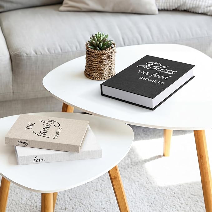 Weysat Set of 3 Bless Family Love Decorative Books for Home Decor Linen Faux Books Stacked Neutral Modern Aesthetic Fake Storage Boxes for Coffee Table, Bookshelf or Mantle Display