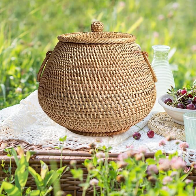 EUBUY Round Rattan Storage Basket with Lid, Hand Woven Rattan Decorative Box for Tea, Fruit, Snacks, Home Desktop Decor