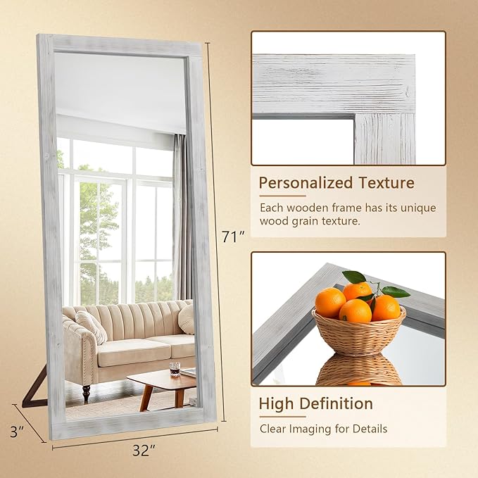 Rustic Farmhouse Full Length Mirror, 71"x32" Wood Frame Large Floor Mirror, Free Standing Leaning Hanging for Bedroom Living Room Cloakroom, Weathered White