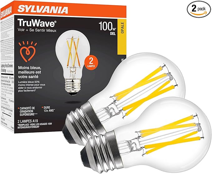 Sylvania LED TruWave Natural Series A19 Light Bulb, 100W Equivalent, Efficient 15W, 1600 Lumens, Medium Base, Dimmable, Clear, 2700K, Soft White - 2 Pack (42305)