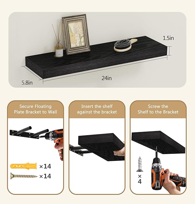 Vervida Black Floating Shelves for Wall, 24" Rustic Wood Deep Wall Mounted Shelves with Invisible Brackets for Decor & Storage, Floating Shelf for Living Room, Bathroom (Set of 3)