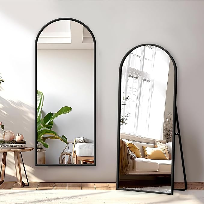 GlasFlength Full Length Mirror with Stand - 57" x 18" Arched Aluminum Alloy Frame Full Body Mirror, Standing Hanging or Leaning Wall Floor Mirror for Bedroom Living Room Entryway, Black