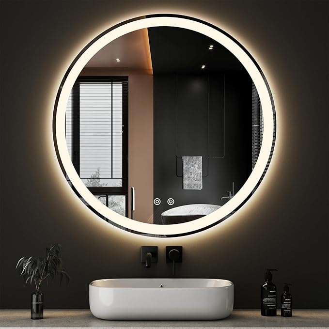 Sweetcrispy 36-Inch Round LED Bathroom Backlit Mirror with Lights, Circle Vanity Mirror with Anti-Fog, Dimmable, 3-Color Light, Memory Function, Tempered Glass