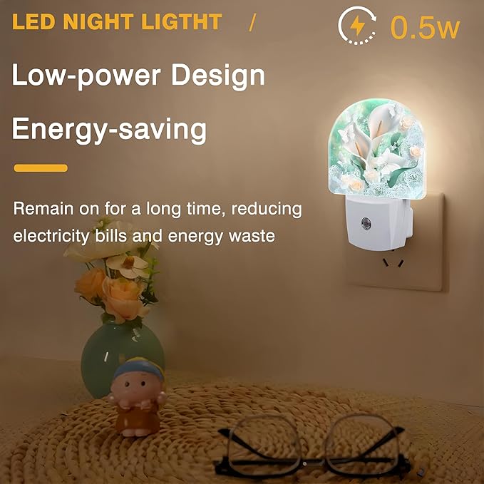 Night Light, White Calla Lilies Bouquet with Butterfly Night Lights Plug into Wall Dusk to Dawn Sensor Round Nightlight for Women Men Energy Efficient Led Lamp 0.5W for Stairway Hallway Bedroom