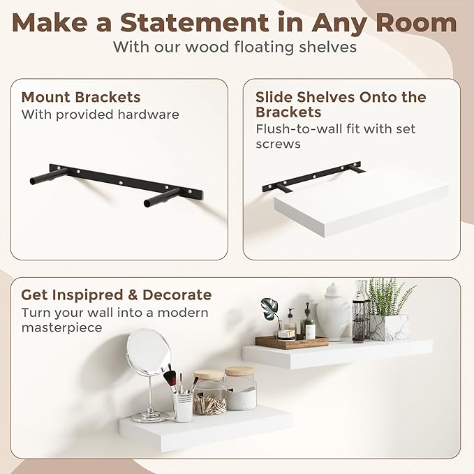 Fun Memories 30 Inch White Floating Shelves for Wall, 12 Inch Deep Shelves for Bathroom|Kitchen|Bedroom, Wall Mounted Rustic Wood Floating Shelf with Invisible Brackets for Books|Storage|Decor, 2 Pack
