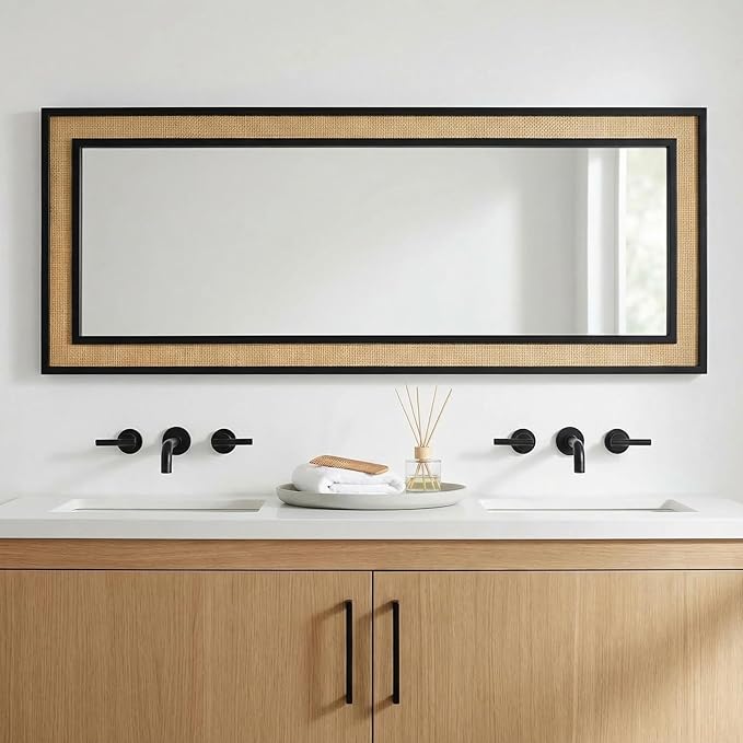 Rattan Full Length Mirror,24"x60" Long Rattan Wall Mirror,Wooden Mirror with Wicker Frame,Decorative Full Body Mirror Hanging,Farmhouse Rectangle Floor Mirror for Bathroom Living Dressing Room Black