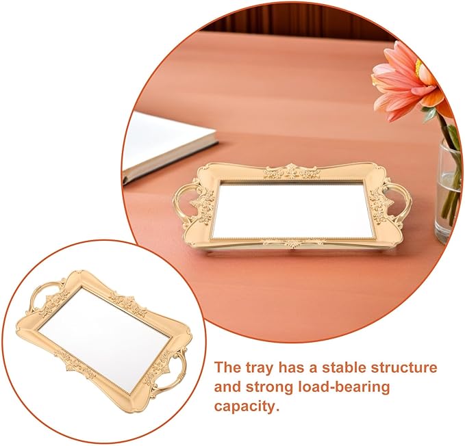 Gold Mirror Tray - Gold Embossed Antique Mirrored Vanity Tray for Dresser Decor, Display Makeup and Perfume - Ornate Organizer for Home Use
