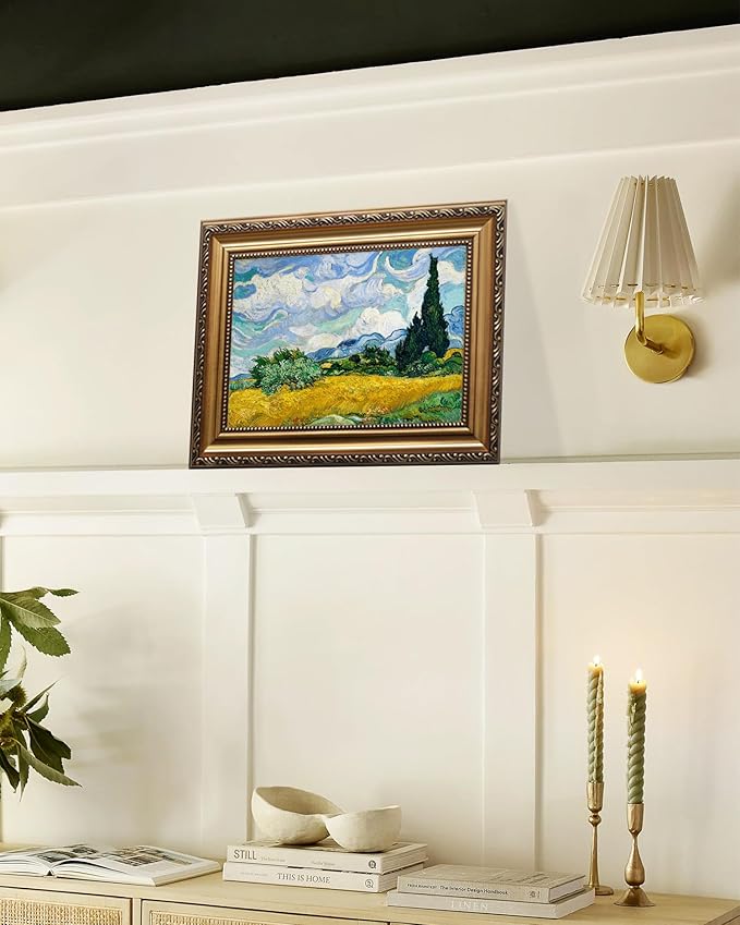 KBKBART Gold Framed Van Gogh Wall Art, Vintage Abstract Wheat Field with Cypress Canvas Impressionist Oil Painting, Farmhouse Country Landscape Wall Decor, Van Gogh Famous Artist Poster for Room Aesthetic, Vintage Art Prints for Bedroom Living Room, Ga...
