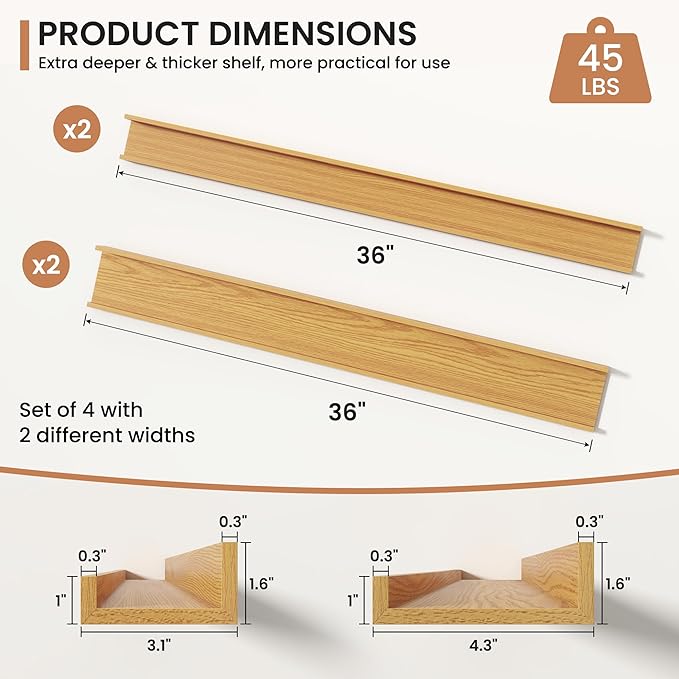 Fun Memories Picture Ledge Shelves Set of 4, 36 Inch Rustic Wall Mounted Floating Shelves with Lip for Home Storage and Décor in Bathroom, Kitchen, Nursery, Bedroom, Living Room, Oak