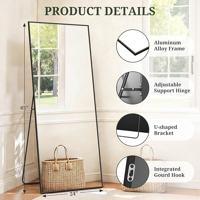 Mirror Full Length 65"x24" Full Body Floor Mirror with Stand, Shatterproof Glass, Aluminum Alloy Frame, Free Standing Wall Mounted or Leaning Rectangle Mirrors for Bedroom Living Room Entryway