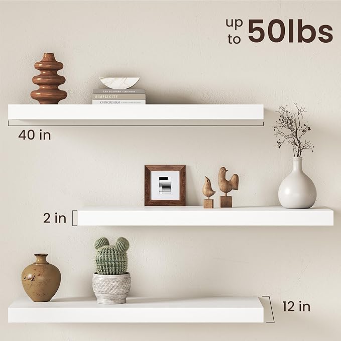 40Inch White Floating Shelves for Wall, 12 Inch Deep Shelves for Bedroom, Kitchen, Bathroom Wall Mounted, Rustic Wood Floating Shelf with Invisible Brackets for Books, Storage, Decor, 2 Packs