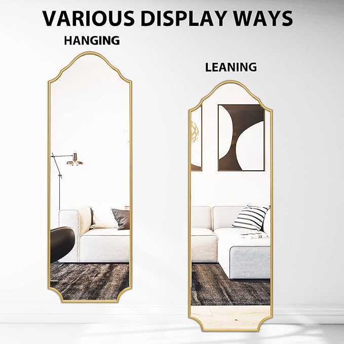 WallBeyond Arched Full Length Mirror Wall Mounted, 65"x22" Gold Metal Frame Full Body Mirror for Bedroom, Living Room, Hanging or Leaning Against Wall Full Size