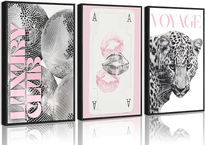 3pcs Pink Fashion Leopard Print Wall Art,Black and White Cheetah Pattern Canvas Poster,Funny Playing Card Painting,Lip Disco Ball Pictures Wall Decor for Girls' Room Living Room Bedroom 24x16in Unframed