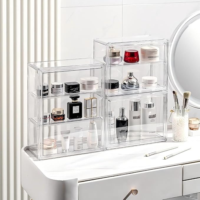 Transparent Acrylic Cosmetic Display Case with Magnetic Door - Stackable Makeup Storage Organizer for Skincare, Perfumes, Jewelry & Collectibles - Dust-Proof Clear Storage Box