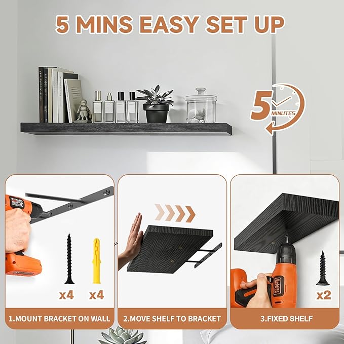 Assembly Easy Floating Shelves Set of 3,24 Inch Wall Mounted Wooden Shelf, Rustic Hanging Shelves for Home Decor, Books and Storage, Organizer for Bedroom,Small Bathroom,Kitchen,Black