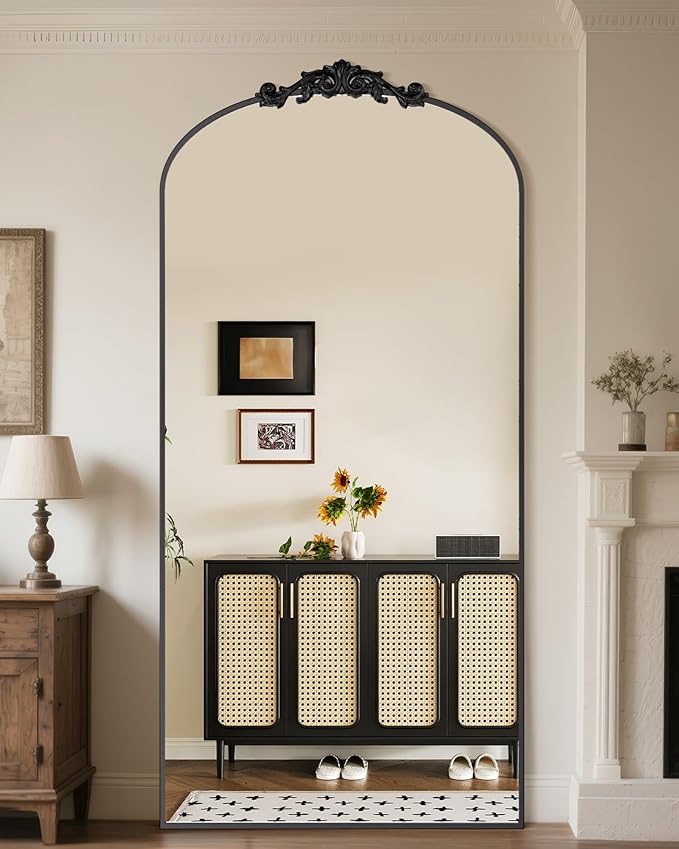 Antok Arched Full Length Mirror, 78"x38" Floor Mirror with Carved, Full Body Mirrors for HomeDecor, Standing/Halling Large Wall Mirror for Bedroom, Living Room, Cloakroom, Black, Retro Style