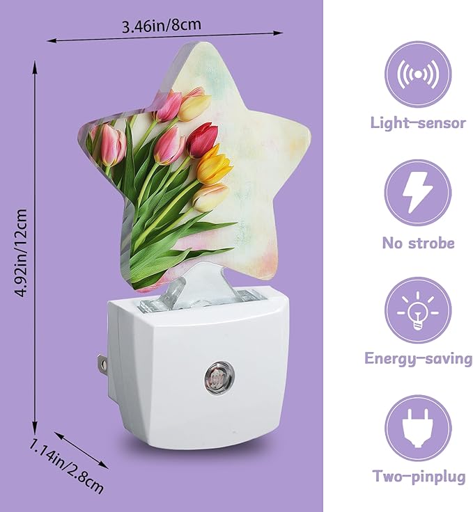 Colorful Tulips Nightlights Plug in Wall,Decorative Star Lamp with Automatic Lighting for Living Space,Gentle Glow for Kids Room,Hallway,Bathroom