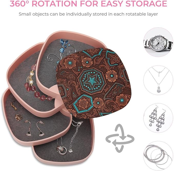 4 Layer Travel Jewelry Case with Mirror Primitive Cowboy Western Country Brown Star Rustic Jewelry Organizer Box Earring Storage Box for Women