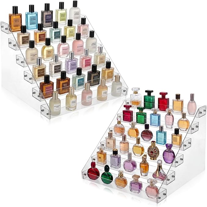 2 Pack 6 Tier Perfume Organizer Stand, Versatile Acrylic Perfume Organizer Holder Display Stand Storage Tray for Figures Makeup Nail Polish Graded Cards Organization