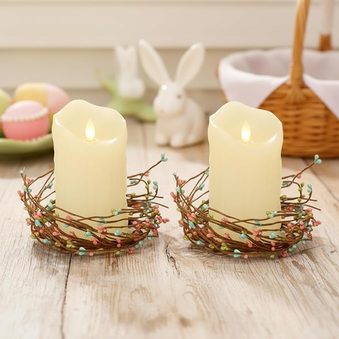 Daifunli 2 Pcs Spring Country Primitive Pip Berry Candle Ring Vintage Pip Berries Wreaths for Pillar 3.9 Inch Candles Holder for Spring Easter Rustic Table Centerpiece Decor
