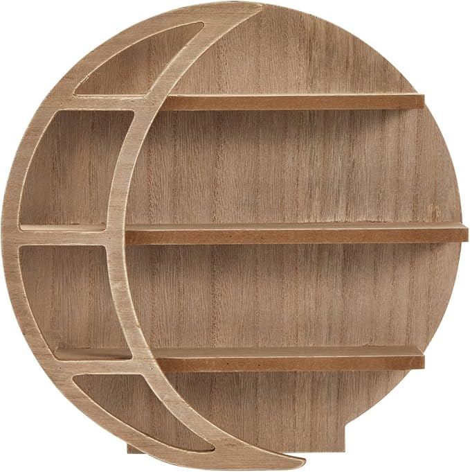 Farmlyn Creek Wooden Crescent Moon Shelf - Rock Shelf & Wall Holder for Stones - Essential Oil Display & Crystal Organizer - Free-Standing Rack - Rustic Brown, 12 x 12 x 3 in