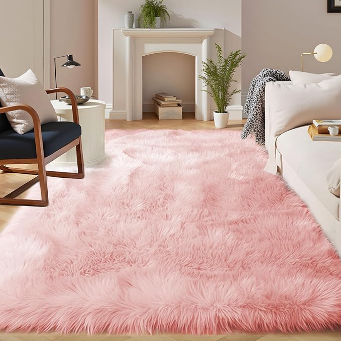 Latepis Pink Faux Fur 7'10"x9'10" Area Rug, Soft Plush Faux Fur Sheepskin Rugs for Living Room, Washable Fluffy Fuzzy Rug for Bedroom and Living Room, Luxury Room Decor, Rectangle