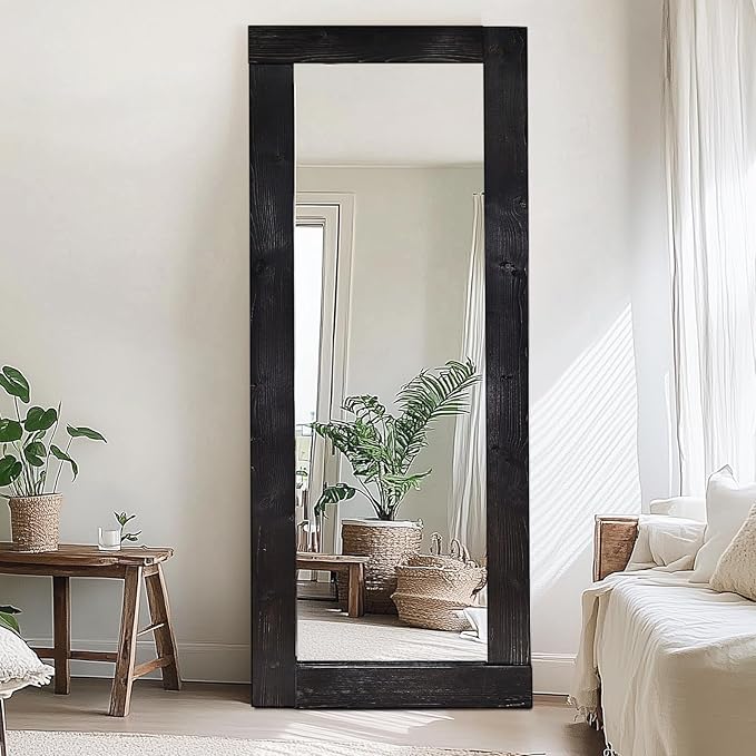 Full Length Mirror 65"x24" – Solid Wood Frame, HD Tempered Glass, Wall Mounted & Leaning, Rustic Modern Decor for Bedroom, Living Room, Entryway, Black