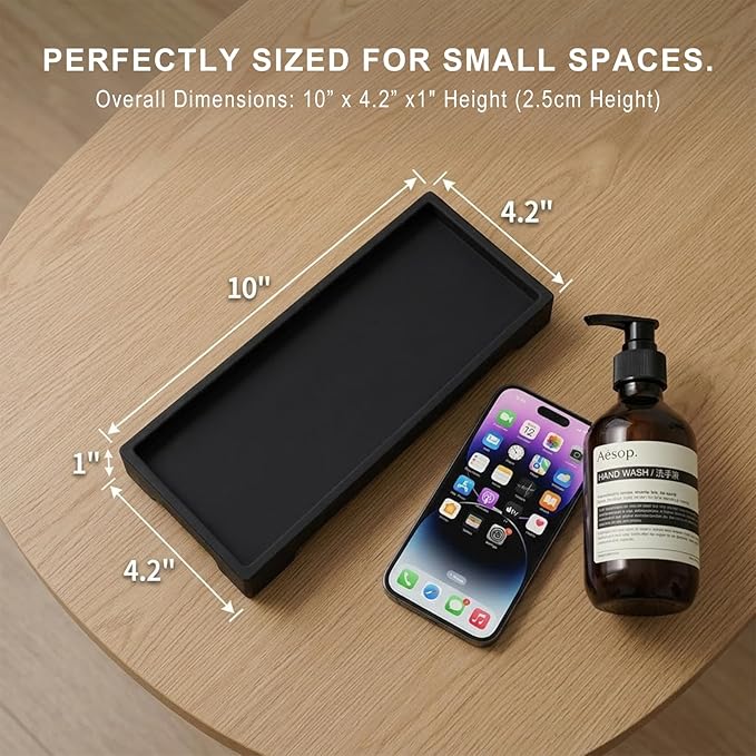 Countertop Vanity Tray - Silicone Bathroom Sink Organizer & Kitchen Soap Tray, Footed Anti-Slip Design, Waterproof Caddy for Perfume, Jewelry, Makeup, Bottle, Oil, Sponge Holder, Black (L10 x W 4.2")