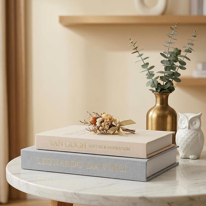 Aesthetic Decorative Books - Set of 2 Linen Boxes with Gold Lettering, Enhance Your Coffee Table, Bookshelf or Mantle Decor - Fake/Faux Books for Home Decoration, Photo & Keepsake Storage