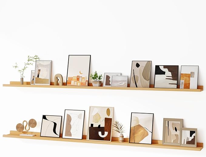 Fun Memories Picture Ledge Shelf, 60 Inch Floating Shelves Set of 2, Large Nursery Book Shelves for Toys Storage, Kids Bookshelf Wall Mounted for Wall Decor Books Photo Frames, Oak