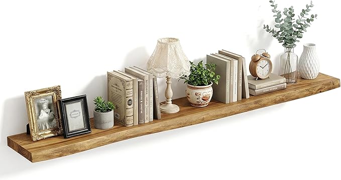 Vivelove Live Edge Floating Shelves Solid Wood, Elm Shelves for Wall with Invisible Bracket for Living Room Bedroom Bathroom Office Book, Rustic Farmhouse Wooden Shelf, 72 Inch Set of 1- Natural