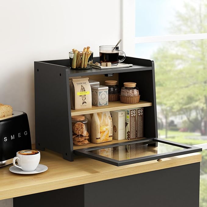 Goozii Double Layer Bread Box for Kitchen Countertop, Large Bread Storage Container for Counter Top, 2 Tier Wood Farmhouse Vintage Breadbox for Homemade Bread, Corner, Cabinet, Pantry (Black)