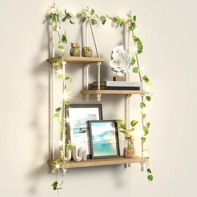 Hanging Shelves for Wall with Vine Lights 3 Tier Boho Wall Shelf Macrame Floating Shelves Rope Rustic Wood Organizer Storage Hanger Rack Decor Aesthetic for Succulents Kitchen Bedroom Bathroom