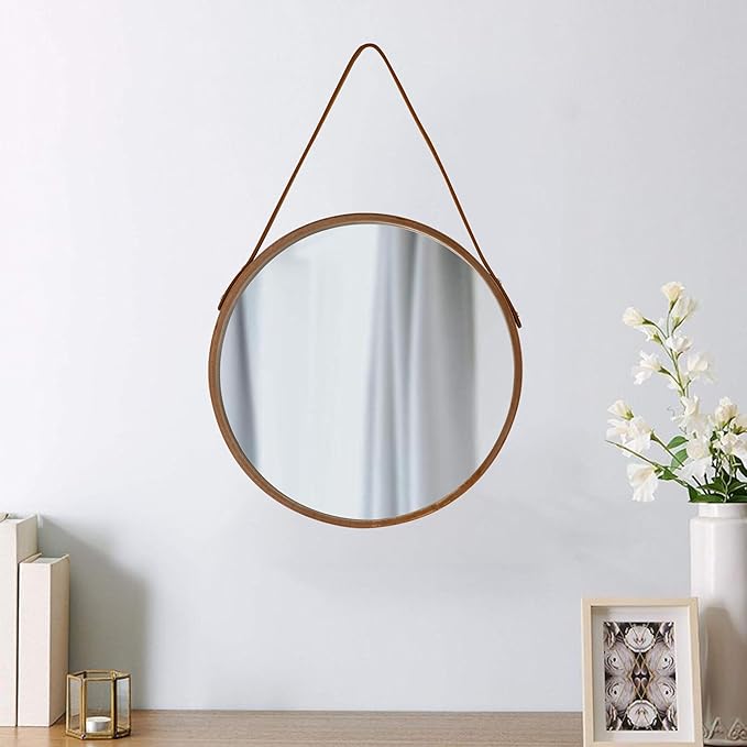 Natural Round Hanging Mirror, 11.8 Inch Farmhouse Mirror with Leather Hanging Rope for Bathroom, Bedroom, Living Room, Entryway Home Decor. (Natural, S-11.8in)