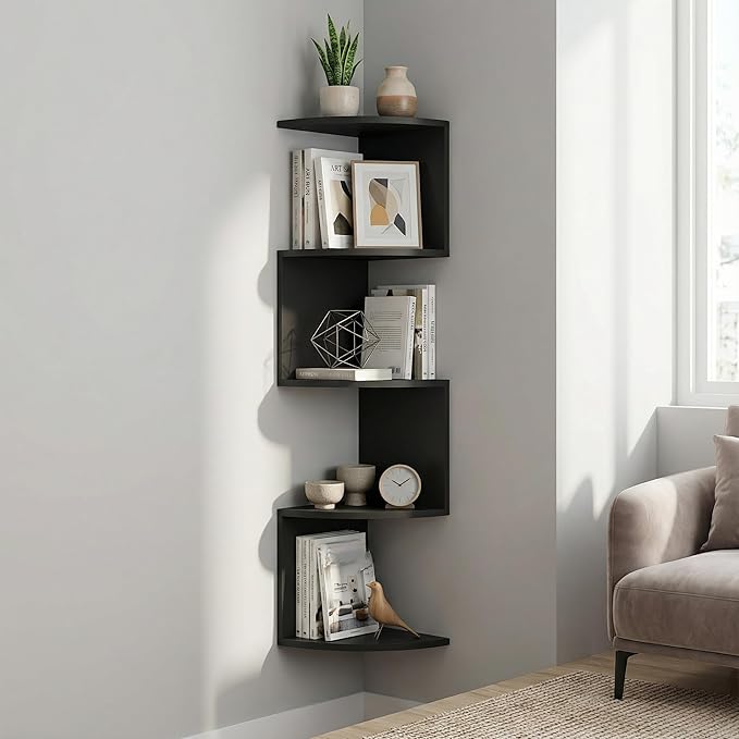 5-Tier Floating Corner Shelf Wall Mount, Heavy Duty Wall Corner Bookshelf, Multi-Purpose Plant Display Shelf for Bedroom Living Room Bathroom Home Office, (Black)