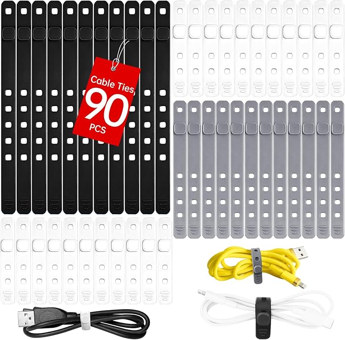 AROIC 90Pcs Silicone Cable Ties with 3 Sizes,Reusable and Washable with Adjustable Locking Buckle Design, Cord Organizer for Home, Office, Travel Essential, School (3 Colors)