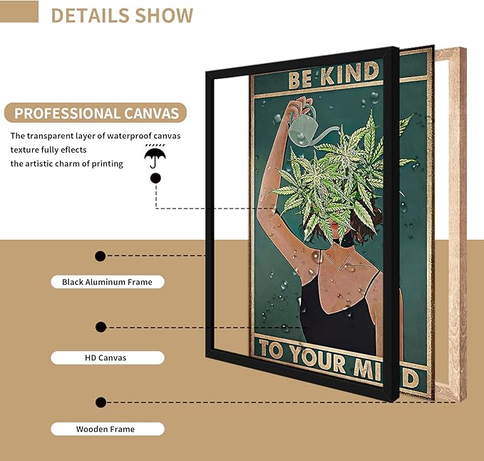 Framed Art Vintage Be Kind To Your Mind Poster Mental Health Quote Canvas Wall Art Cool Poster Unique Green Plant Girl Print Painting Retro Home Wall Decor Picture for Women Bedroom 24x36in