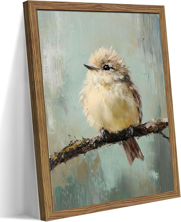 Vintage Framed Bird Wall Art, Rustic Sparrow on Branch Canvas Wall Decor Painting, Cute Bird Animal Artwork Poster Prints Pictures for Living Room Bedroom Bathroom 16x24 Inch