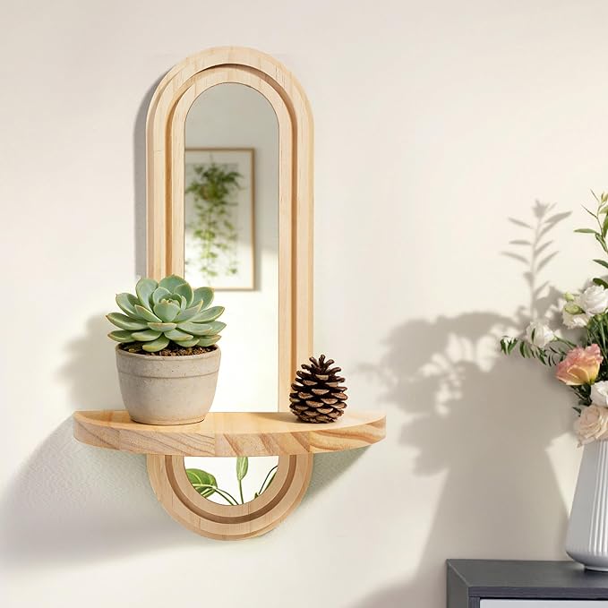 Wooden Wall Floating Shelves, 2PC Boho Arched Wall Shelf,Decorative Mounted Display Shelf with Acrylic Frameless Mirror, Nature Wood Shelves for Home Holding Planter Decoration