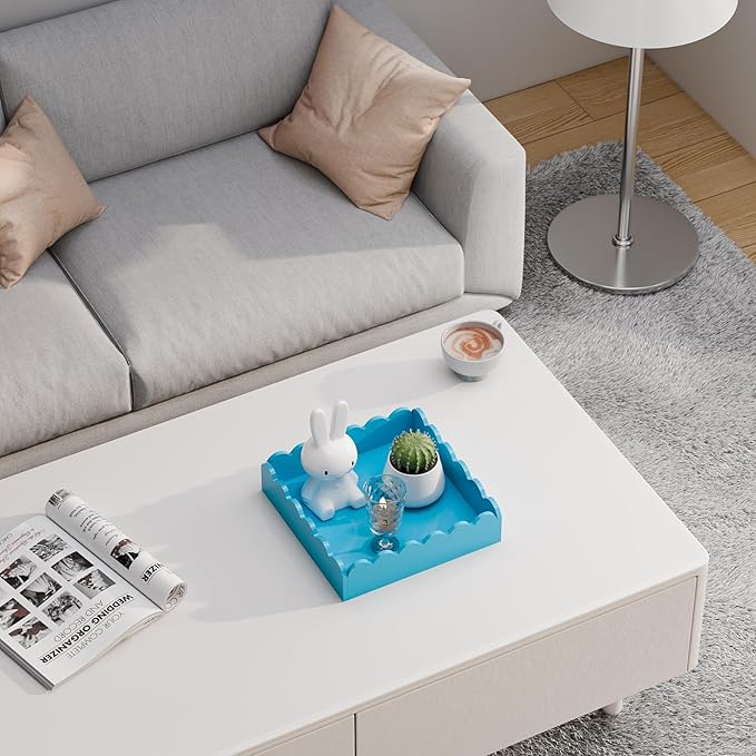 Scalloped Acrylic Tray, Glossy Blue Acrylic Decorative Tray for Home Decor, 8x8 Inch Acrylic Organizer Tray for Bathroom Vanity Countertop Square Acrylic Display Tray for Jewelry (Square Blue)