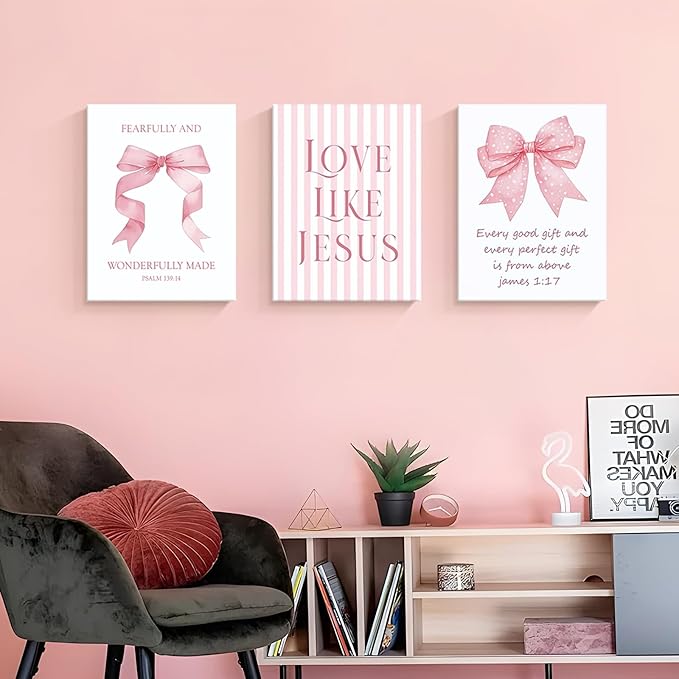Dytila 3 Piece Pink Bows Wall Art for Girls Room, Bible Verse Pictures Bathroom Decor, Coquette Wall Artwork, Cute Teen Room Decoration, Dorm Decor for College, College Gifts for Girls 16x24 Inch