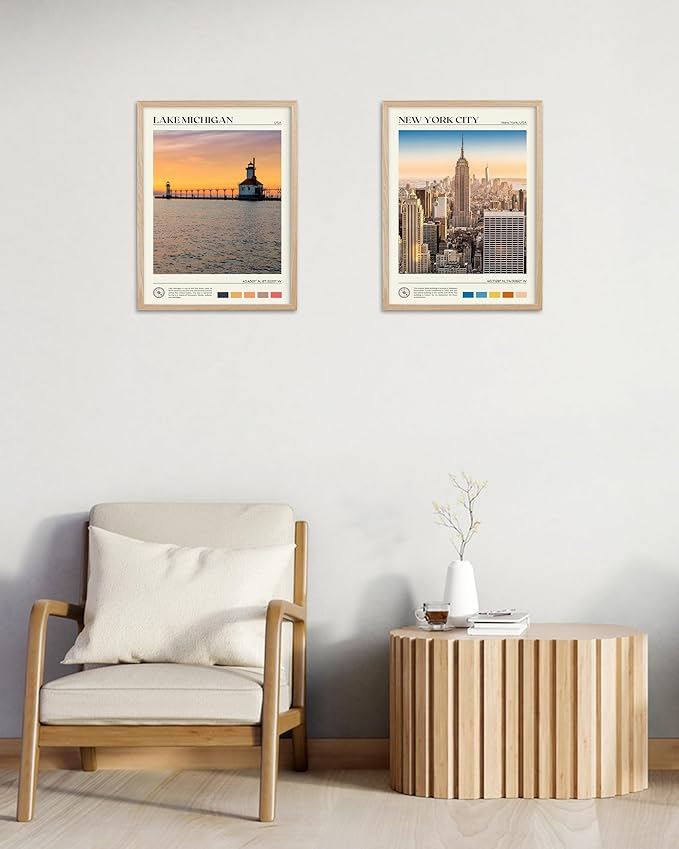 HesenDot Natural OAK Wood Lake Michigan Framed Wall Art,12x16in Lighthouse Sunset Canvas Wall Print,Classic Urban Coastal Lake Wall Decor for Living Room Bedroom Office Gallery, Set of 1