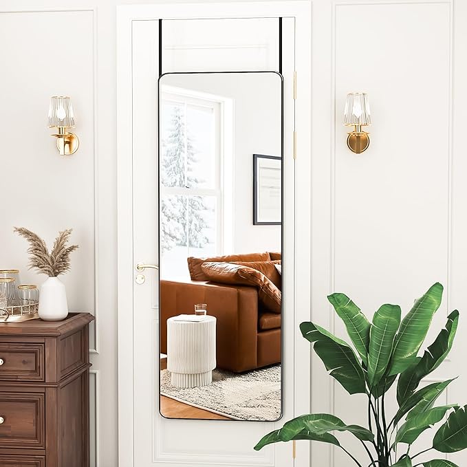 Antok Over The Door Mirror Full Length, 49'' x 14''Wall Mounted Hanging Mirror, Aluminum Alloy Frame, Shatterproof Glass, No Drill Installation for Bedroom, Closet, Bathroom, Dorm, Round Corner,Black