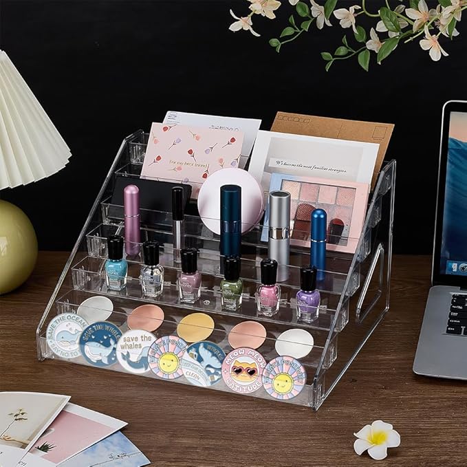 FINGERINSPIRE 7 Tier Acrylic Riser Display Stands 12.2x10.6x7.3Inch Clear Acrylic Badge Display Shelves for 35-60 Badges Makeup Organizer Perfume Organizer Shelf for Figure Anime Badge Cupcake