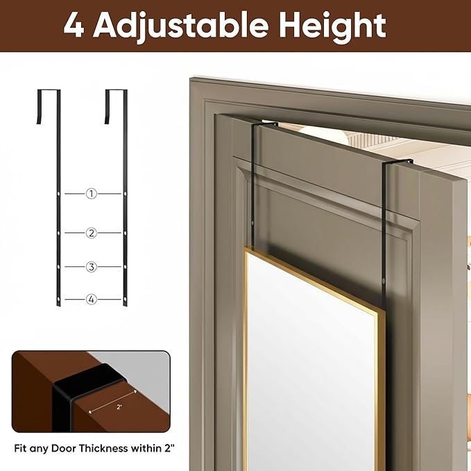 Antok 48''x 14'' Full Length Mirror Over Door, 4-in-1 Standing Leaning Wall Mounted, Adjustable Hanging Mirror for Bedroom Living Room, Gold, Rect Corner
